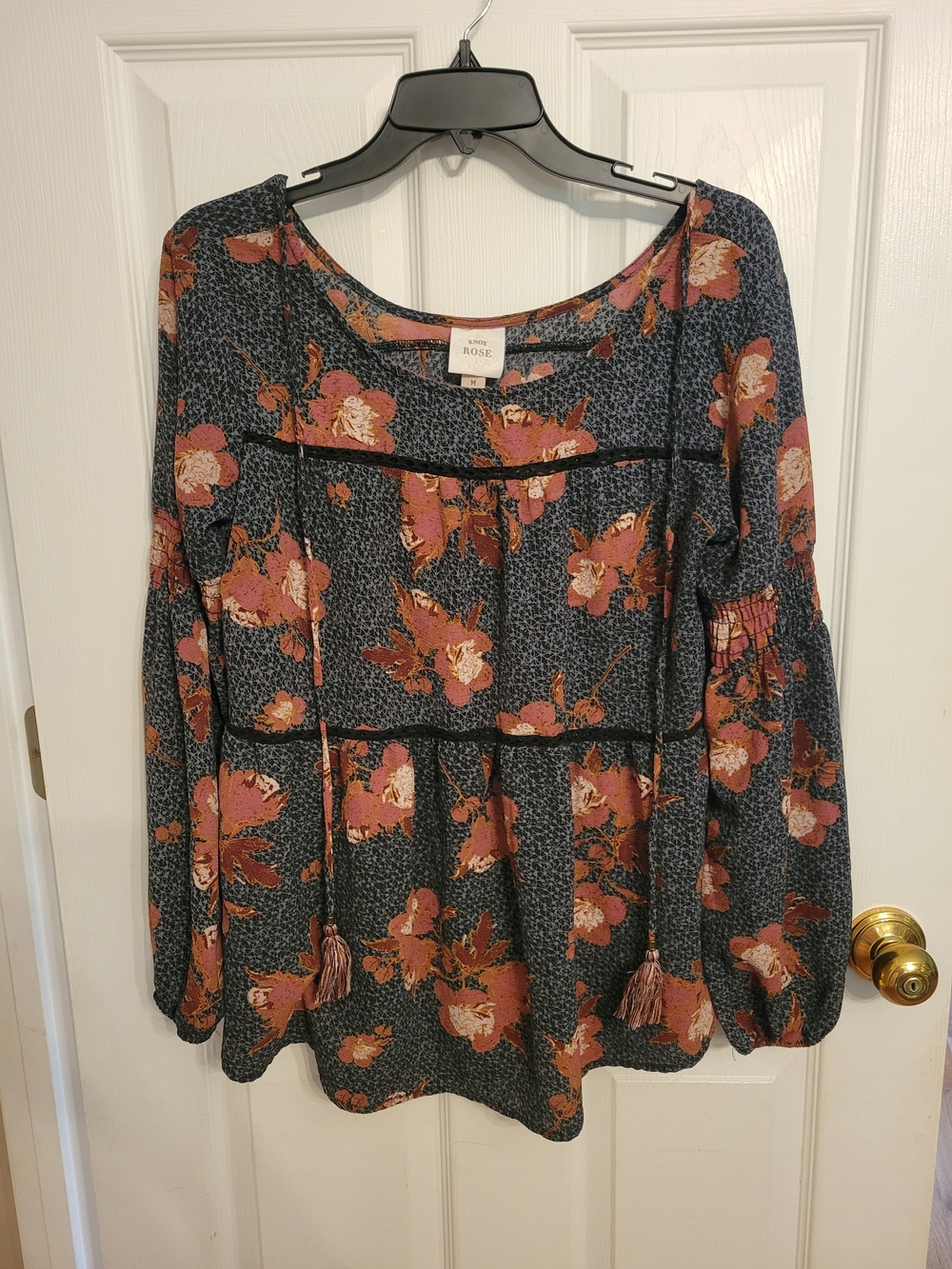 Knox Rose Navy Floral Peasant Top with Rust-Pink Accents